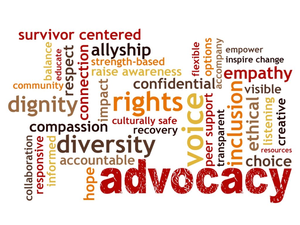 Advocacy word collage in red, yellow, and orange.
